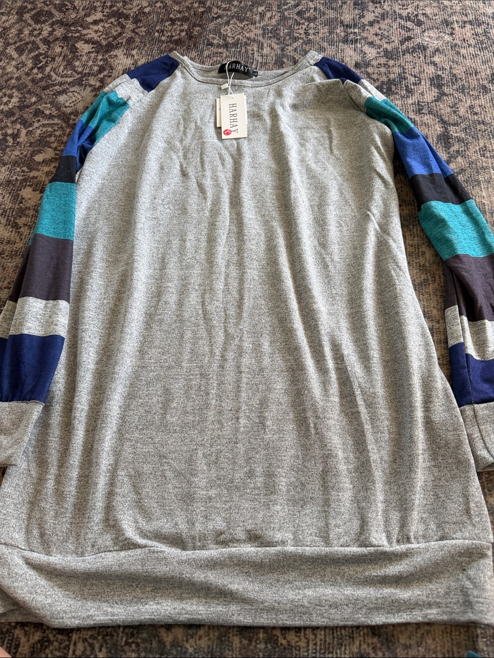 Habitat Gray Tunic with Blue & Teal Striped Sleeves